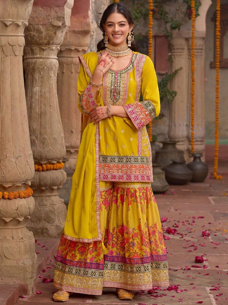 Indo Era Embroidered Sequinned Kurti With Sharara & Dupatta