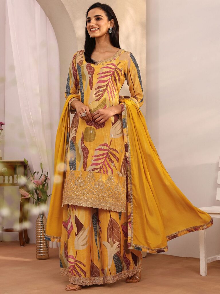 Libas Women Ethnic Motifs Printed Regular Thread Work Kurta with Palazzos With Dupatta