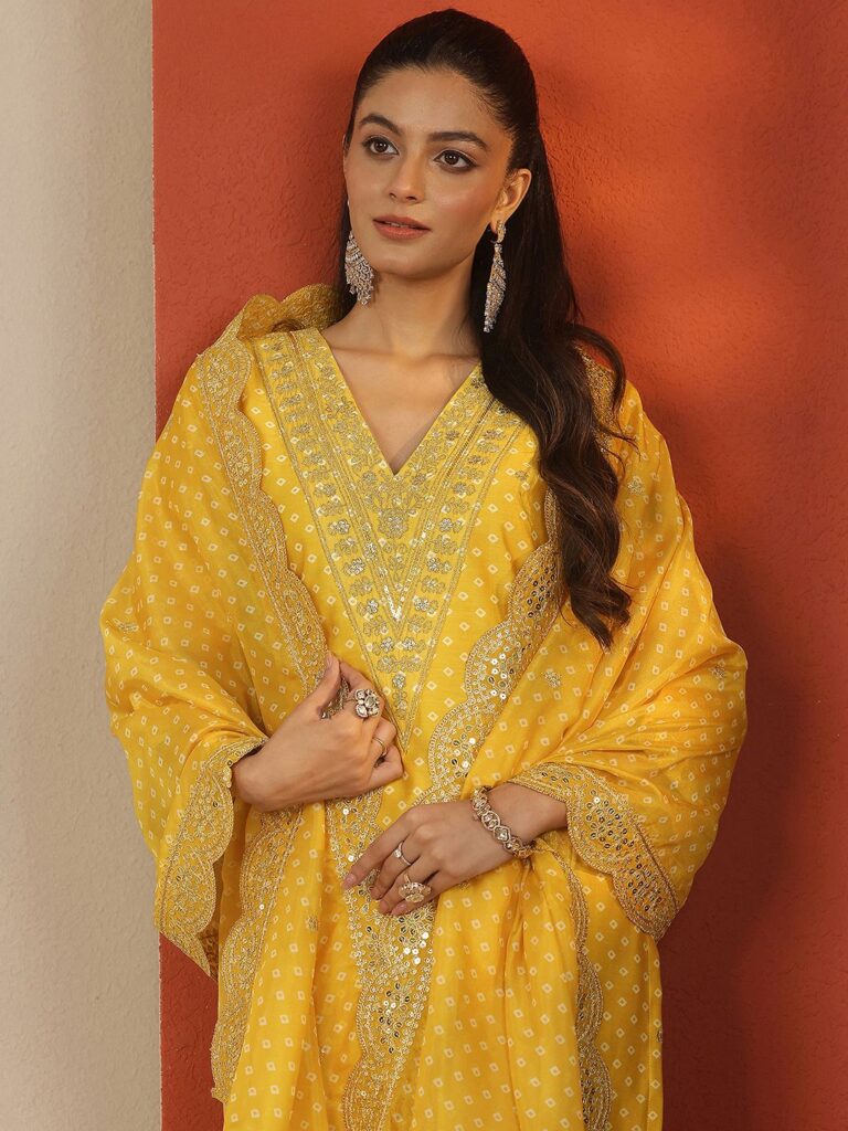 Libas Women Ethnic Motifs Printed Regular Mirror Work Kurta with Trousers & With Dupatta