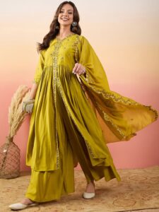 Sangria Embroidered Kurta With Palazzos & Dupatta
