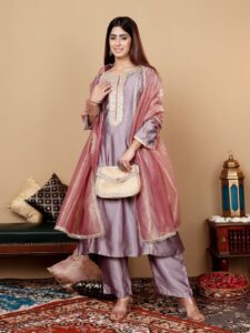 Varanga Lavender Embroidered Yoke Design Notch Neck Anarkali Kurta with Trousers & Dupatta