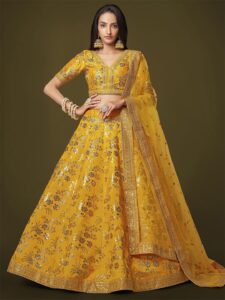 Embroidered Thread Work Semi-Stitched Lehenga & Unstitched Blouse With Dupatta