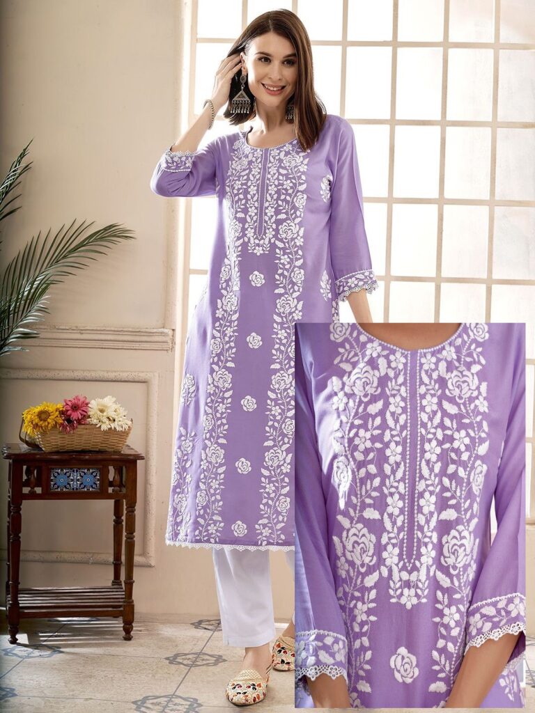 Floral Embroidered Round Neck Chikankari Straight Kurta