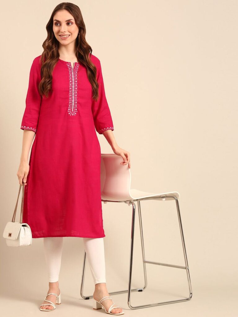 Fuchsia Floral Yoke Design Pure Cotton Straight Kurta