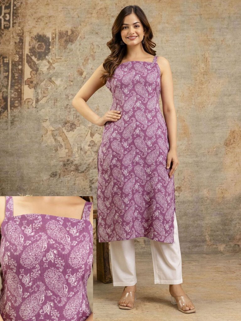 Paisley Printed Square Neck Cotton Straight Kurta