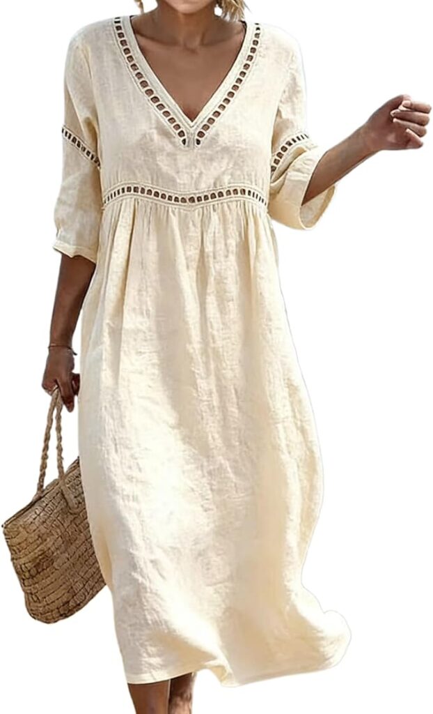 Women's Summer Cotton Linen 3/4 Sleeve Midi Dress Casual Eyelet V Neck Boho Plus Size Beach Dress