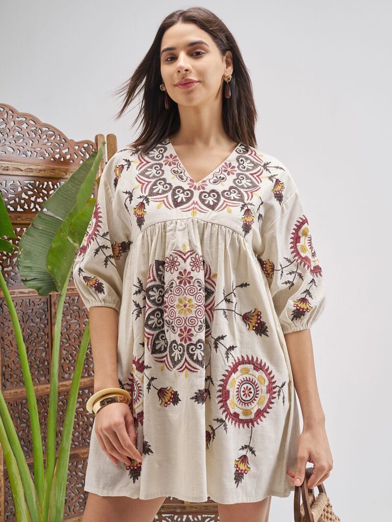 Ethnic Motifs Embroidered Puff Sleeve A-Line Mini Dress