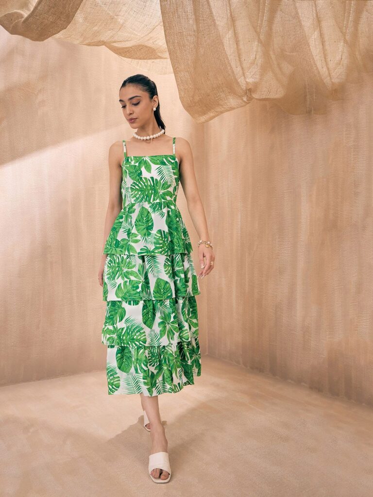 Floral Print Shoulder Straps Layered Fit & Flare Midi Dress