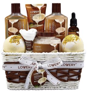 LOVERY Vanilla Coconut Home Spa Set - 9 Piece Bath and Body Basket With Fragrant Lotions, Extra Large Bath Bombs, Coconut Oil, Luxurious Towel for Women