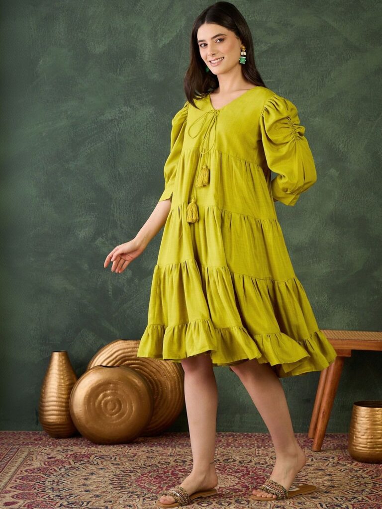 Lime Green Puff Sleeve A-Line Dress