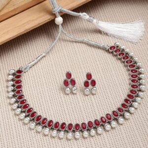 Oxidised Silver Plated Traditional Temple Coin Red American Diamond Studded Necklace