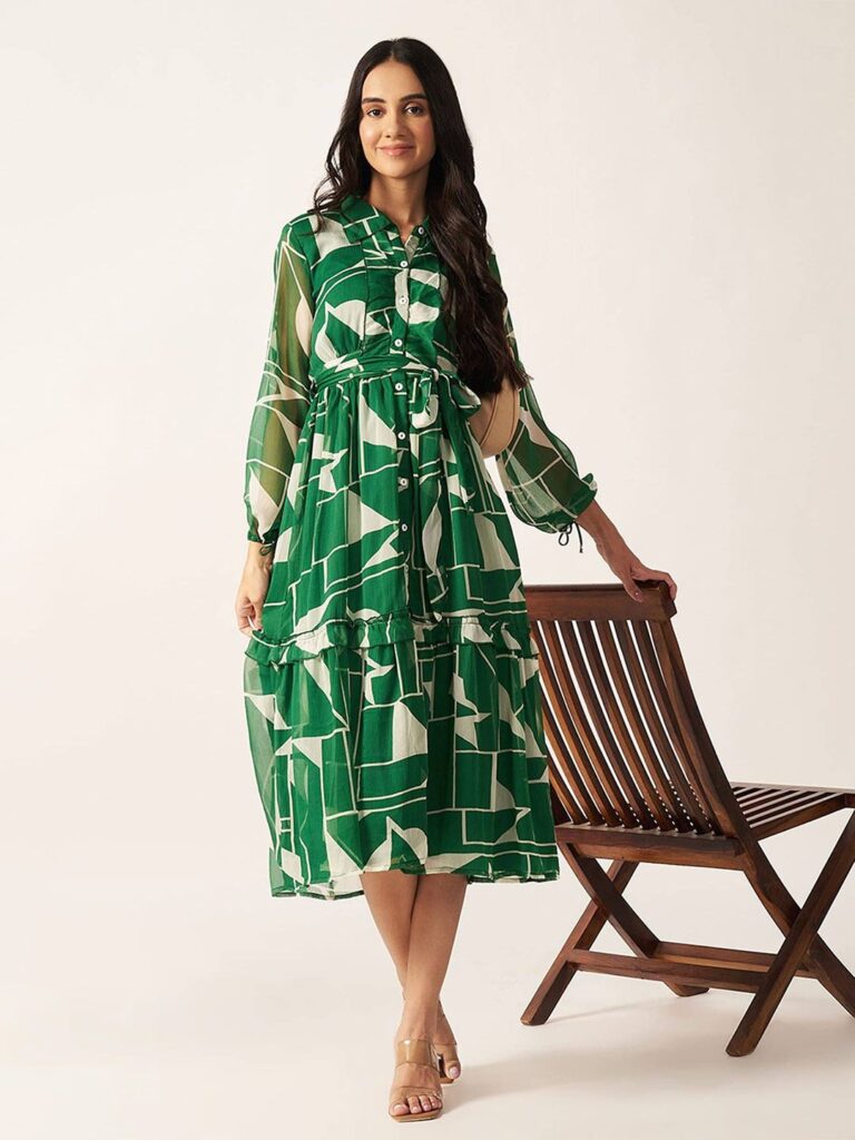 Print Puff Sleeve Chiffon Fit & Flare Midi Dress