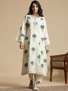 Floral Printed Regular Schiffli Work Pure Cotton A-Line Kurta with Palazzos