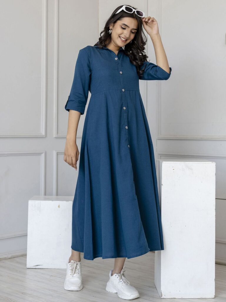 Shirt Collar A-Line Cotton Midi Dress