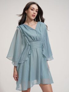 Women V Neck Flared Sleeves Ruffles Detail Fit & Flare Mini Dress