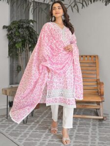 Womens Pure Cotton Embroidred Thread Work Designer Kurta Pant Set With Dupatta