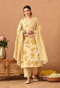 Womens Floral Printed Thread Work Pure Cotton V-neck Kurta with Trousers & Dupatta
