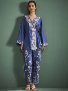 Anouk Blue and Cream Embroidered Tunic With Trousers