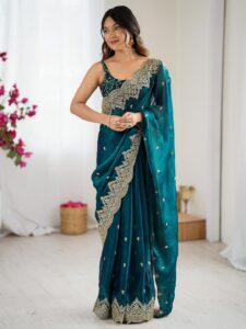 Anouk Women Teal Ethnic Motifs Embroidered Chiffon Heavy Work Saree With Blouse Piece