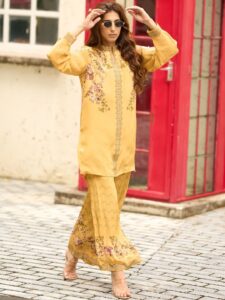 Anouk Women Mustard Crepe Printed Stone Embroidered Co-ord Set