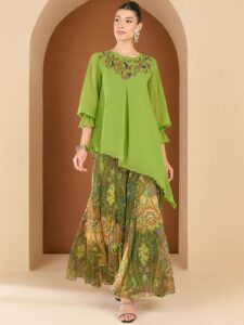 Antheaa Embellished Round Neck Top With Palazzos