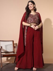 Chhabra 555 Embroidered Crop Top With Flared Cape & Palazzo