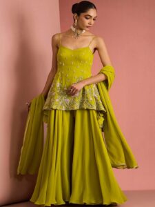 Women Floral Embroidered Regular Thread Work Silk Georgette Kurta with Sharara & With Dupatta