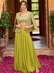 Embroidered Round Neck Crop Top Palazzos With Shrug Co-Ords
