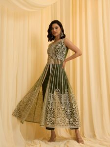 Ethnic Motifs Embroidered Layered V-Neck Net Straight Kurta With Trousers