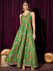 indo street Floral Printed Lace & Tie Up Maxi Ethnic Dress