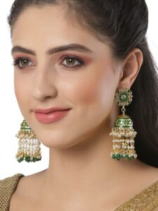 Green Kundan Studded Contemporary Jhumkas Earrings