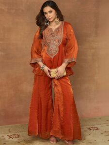 Inddus Women Zari Embroidered Yoke Design Crushed Organza Top and Palazzo Co-Ords Set