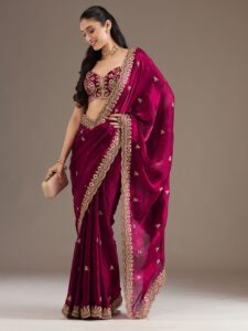 Koskii Women Cording Dark Maroon Tissue Saree With Unstitched Blouse