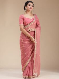 Koskii Women Gotapatti Gajari Pink Organza Saree With Unstitched Blouse