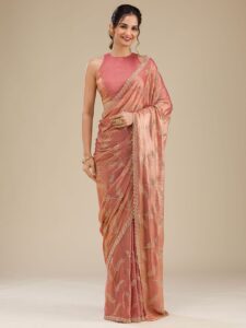 Koskii Women Stonework Peach Tissue Saree With Unstitched Blouse