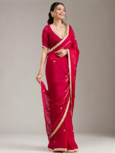 Koskii Women Zariwork Maroon Tissue Saree With Unstitched Blouse
