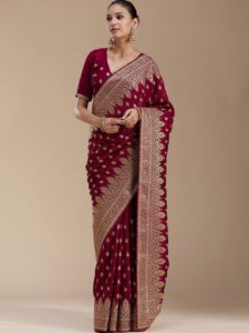 Koskii Women Zariwork Wine Soft Raw Silk Saree With Unstitched Blouse