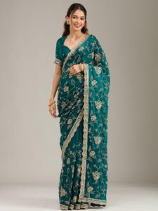 Koskii Women Cording Rama Green Tissue Saree With Unstitched Blouse