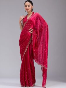Koskii Women Stonework Rani Pink Tissue Saree With Unstitched Blouse