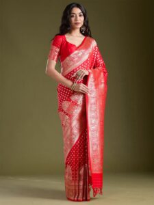 Koskii Women Stonework Red Silk Saree With Unstitched Blouse