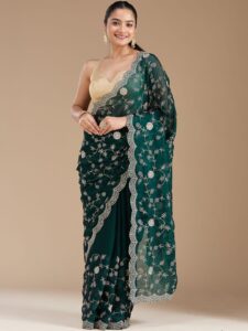 Koskii Women Zariwork Bottle Green Georgette Saree With Unstitched Blouse
