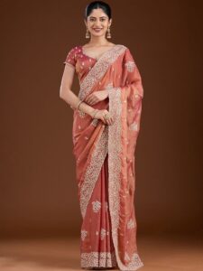 Koskii Women Zariwork Rust Tissue Saree With Unstitched Blouse