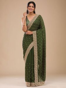 Koskii Women Zariwork Bottle Green Soft Raw Silk Saree With Unstitched Blouse