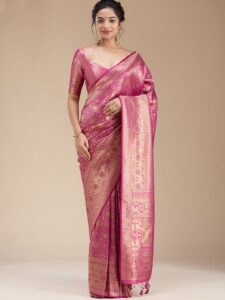 Koskii Women Zariwork Rani Pink Silk Saree With Unstitched Blouse