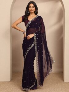 Libas Burgundy Embroidered Georgette Saree With Unstitched Blouse Piece