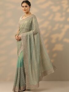 Libas Green Embroidered Nylon Saree With Unstitched Blouse Piece