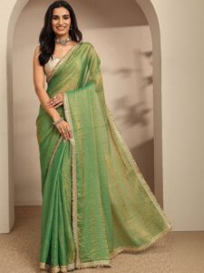 Libas Green beads embellished saree with zari embellished saree and a blouse piece