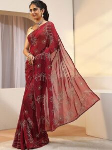 Libas Maroon Floral Printed Georgette Saree