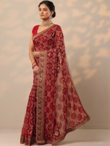 Libas Maroon Bandhani Printed Georgette Saree With Unstitched Blouse Piece