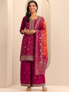 Libas Ethnic Motifs Embroidered Straight Thread Work Kurta With Palazzos & Dupatta